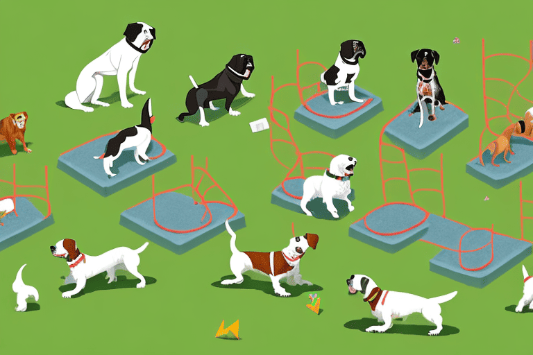 A lively dog park scene featuring various breeds of dogs playing and interacting in areas such as an obstacle course