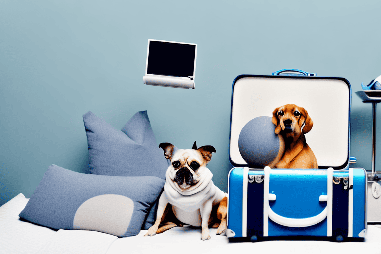 A dog sitting quietly on a hotel room bed with a suitcase nearby