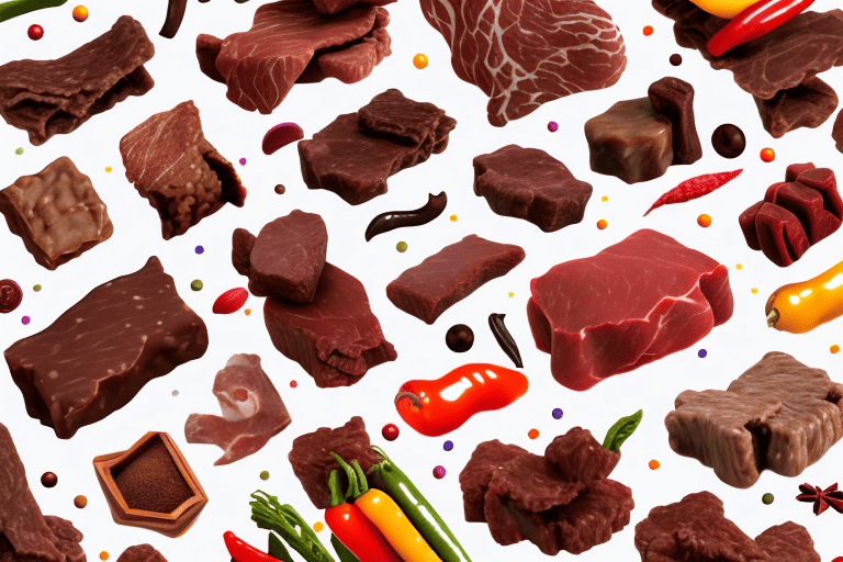 Various types of beef bark treats arranged attractively