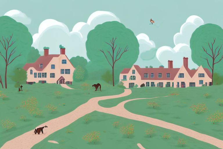 A variety of dog breeds happily trotting along a winding path leading to a cozy looking house in the distance