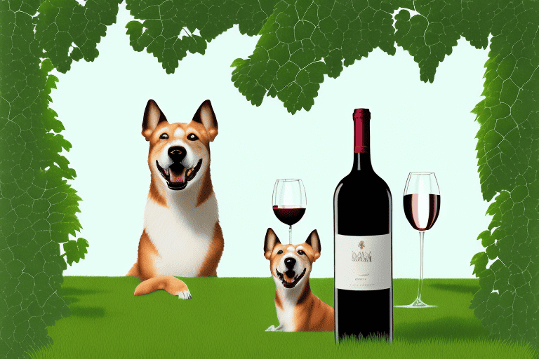 An elegant wine bottle labeled as 'barking dog' amidst a lush vineyard