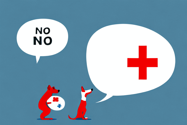 A dog barking towards a speech bubble containing a red cross