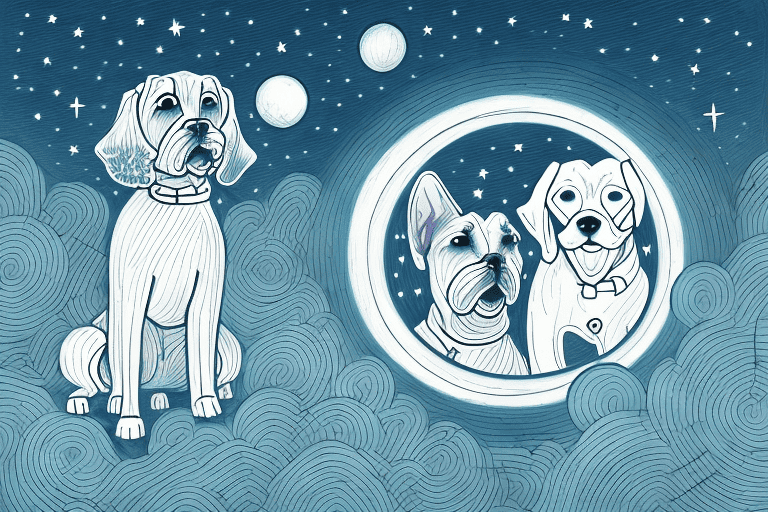 A variety of dogs barking under a moonlit night sky