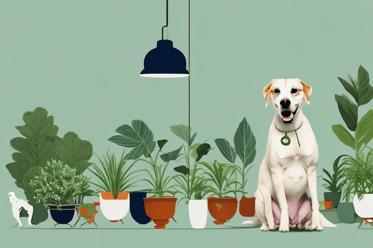 A calm dog sitting next to a variety of natural elements like plants and herbs