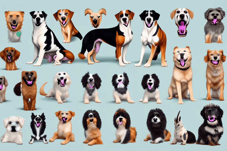 Several different breeds of dogs in various postures