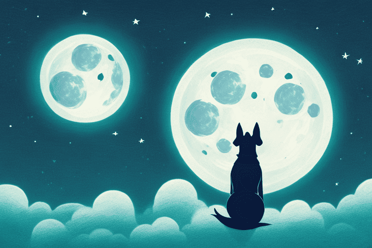 A dreamlike scene featuring a dog barking at a moonlit night sky