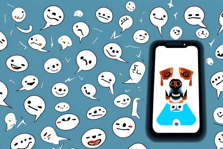 A dog barking at a smartphone screen displaying various dog-related emoticons