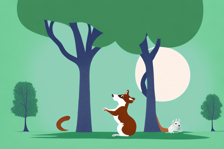 A curious dog barking at a tall tree in a park