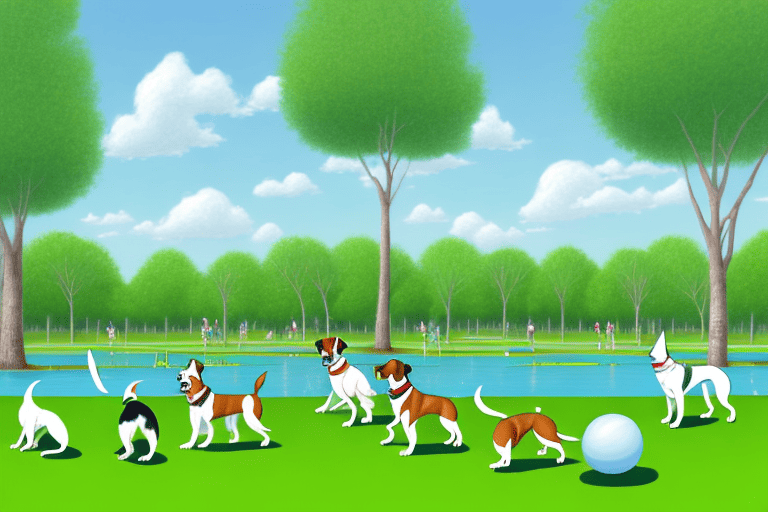 A lively dog park on barker cypress with various dogs of different breeds playing with balls and frisbees