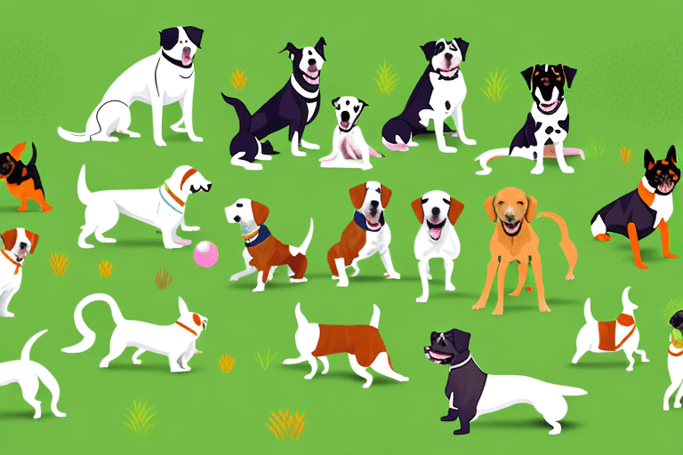 A lively dog park located on barker cypress with various dogs of different breeds playing and running around