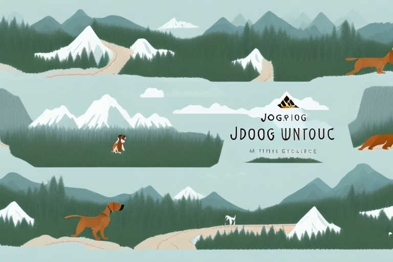 A variety of dog breeds journeying through a scenic landscape