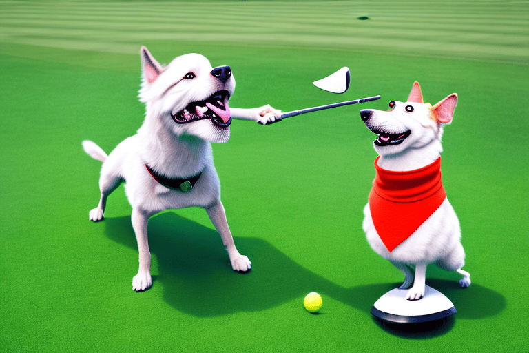 A lively and animated dog on a golf course