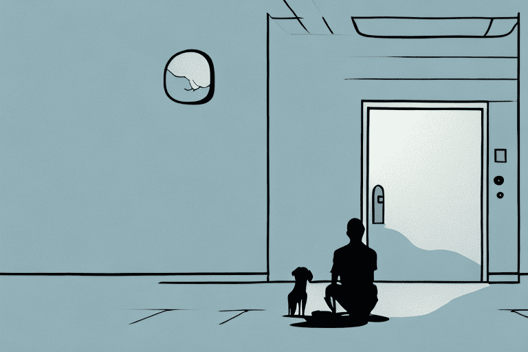 A well-behaved dog sitting calmly by the door as a shadow of a person appears on the other side