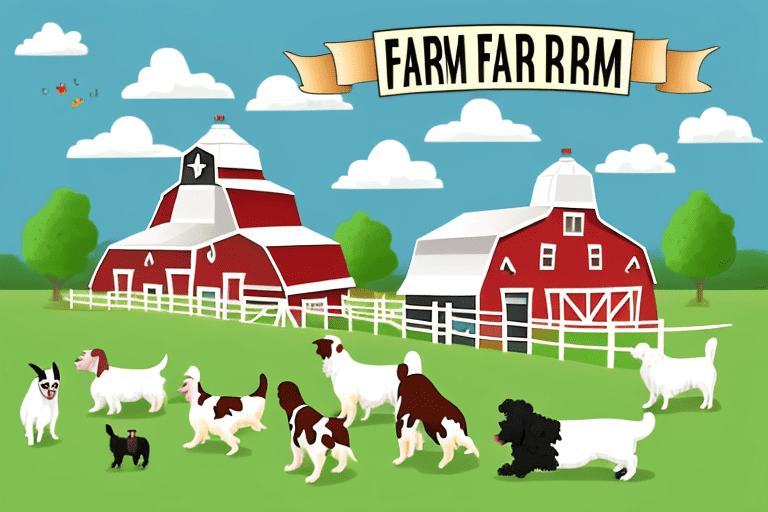 A farm landscape with various breeds of dogs happily running and playing