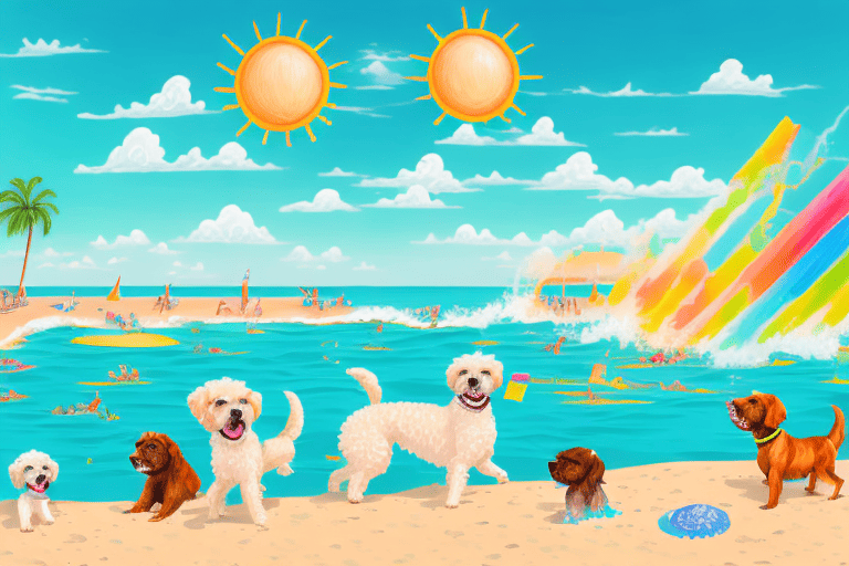 A lively and colorful beach scene filled with various breeds of dogs playing