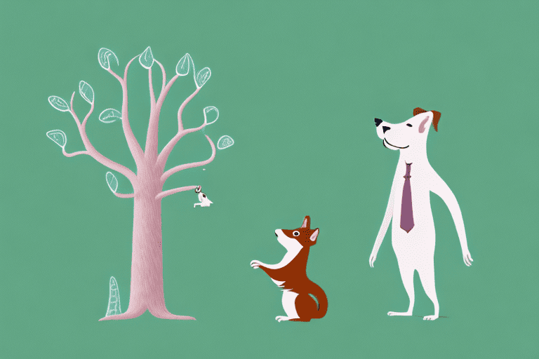 A perplexed-looking dog barking up at a tall tree