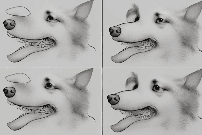 A step-by-step progression of a simple sketch transforming into a detailed drawing of a dog barking