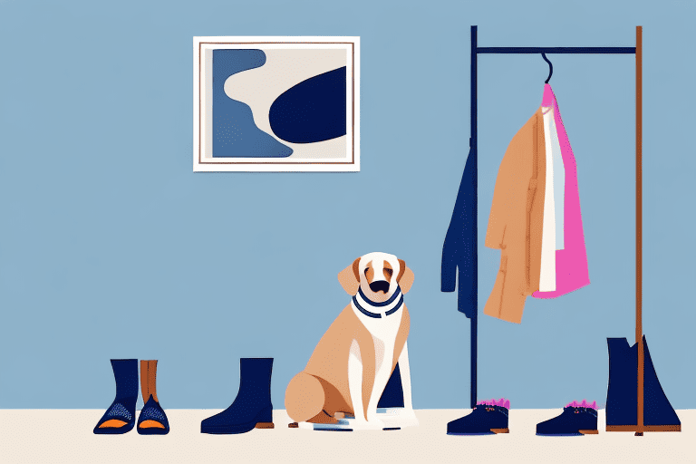 A calm dog sitting obediently on a rug while a pair of shoes and a coat stand by the door