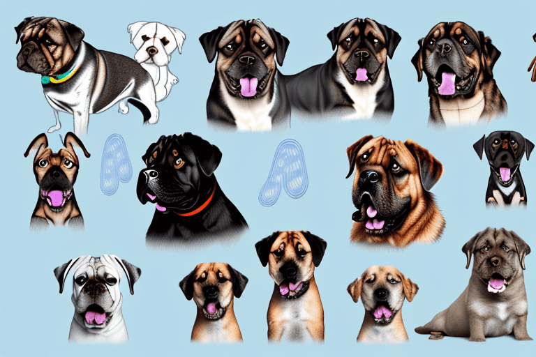 A variety of dogs with notably large and deep-chested breeds like mastiffs and rottweilers