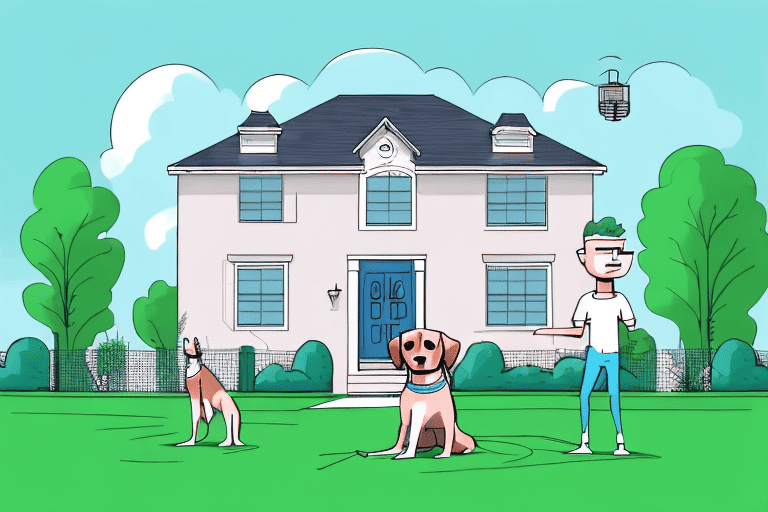 A suburban house with a dog in the yard