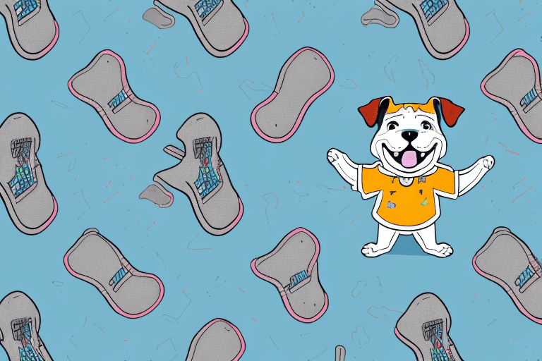 A dog happily running outdoors with bark brite shoes on its paws