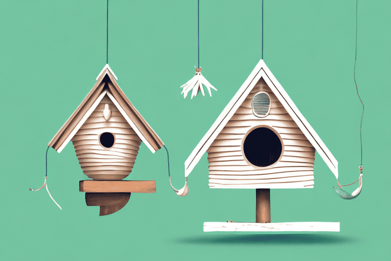 A serene home with various creatively designed birdhouses hanging from trees