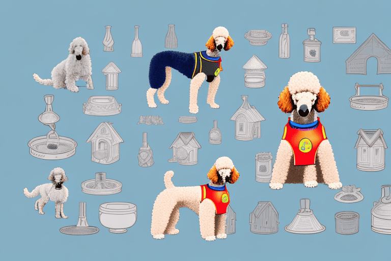 A standard poodle with a service dog vest