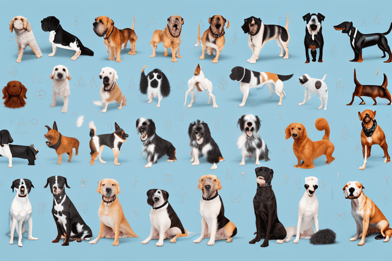 A variety of different dog breeds standing around a large