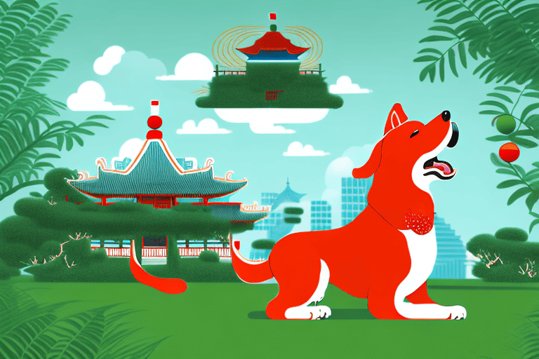 A playful chinese red dog in a lush