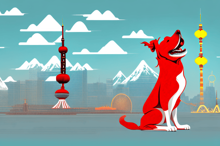 A chinese red dog in a playful pose with a background featuring various landmarks from different regions in china