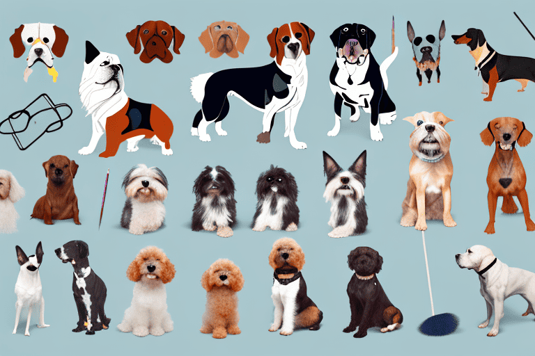 A variety of dog breeds artistically arranged