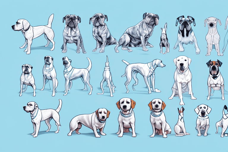 A variety of different dog breeds sitting with a computer and a blueprint