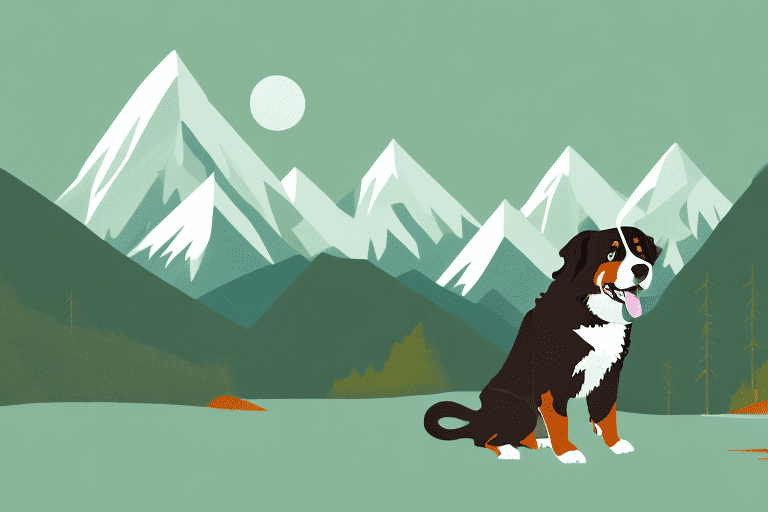 A scenic california landscape with lush greenery and a bernese mountain dog happily running through it