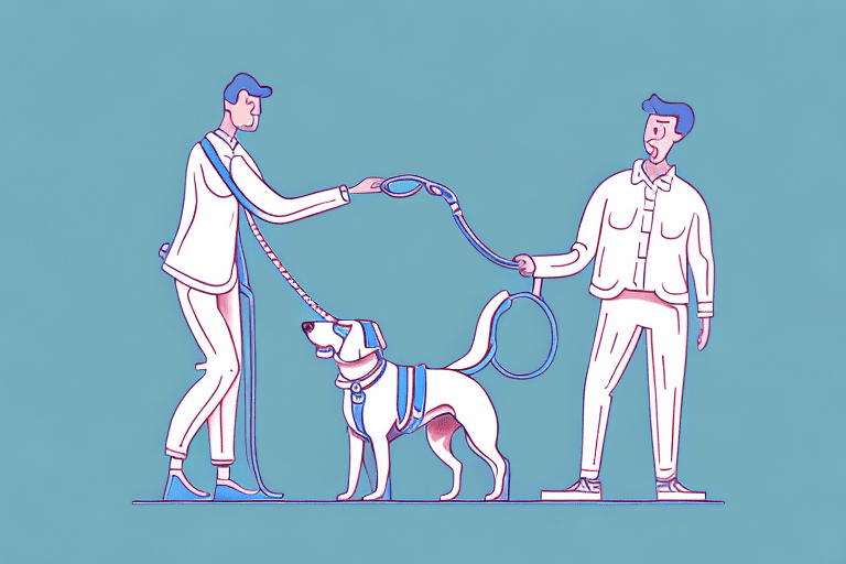 Two different individuals each holding a leash attached to the same pedigree dog