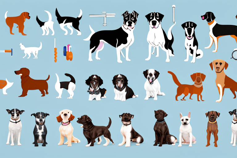 Various dog breeds alongside a collection of essential tools for dog breeding