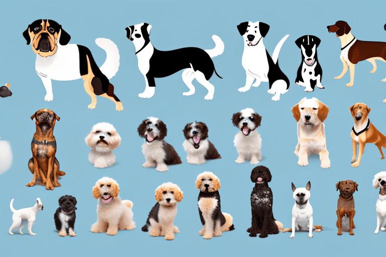 A variety of dog breeds in a playful scene with subtle elements that hint towards genetics and breeding