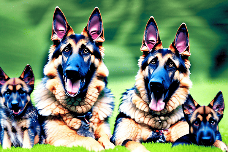 A mature german shepherd dog gently interacting with its playful puppies in a serene outdoor setting