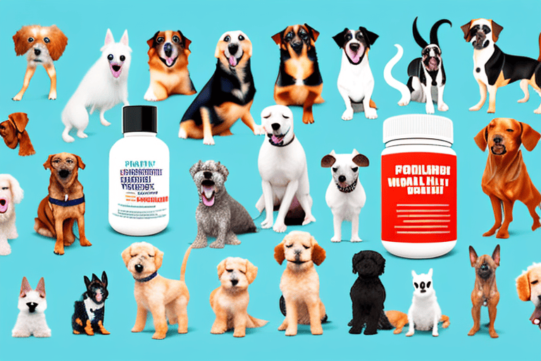 Various dog breeds surrounded by different types of supplements like pills