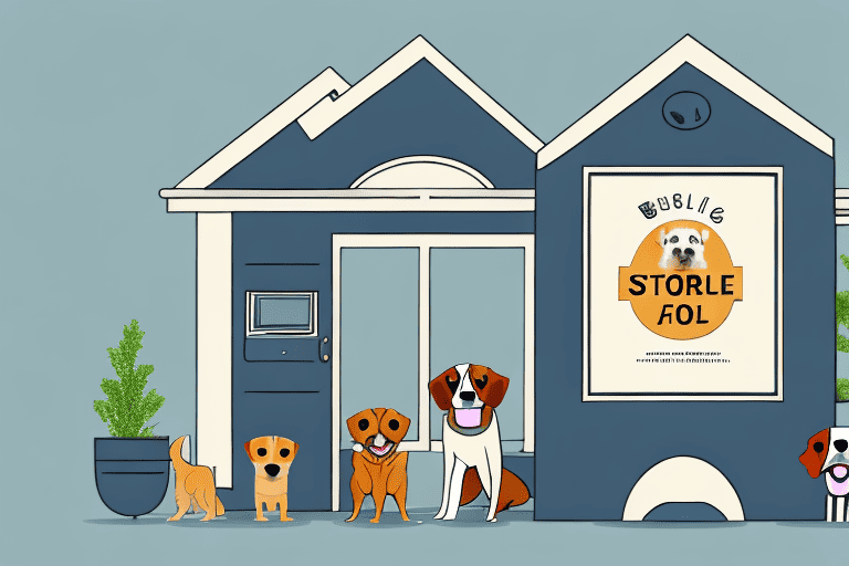 A small business storefront with a dog-themed sign