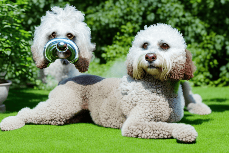 A playful spanish water dog in a lush