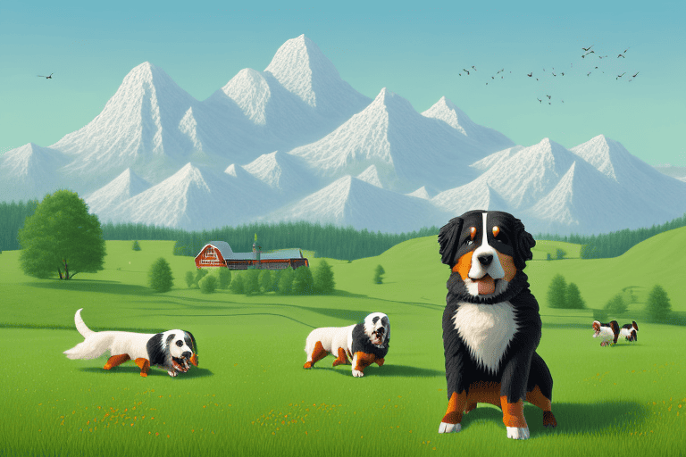 A picturesque washington landscape with a bernese mountain dog happily playing