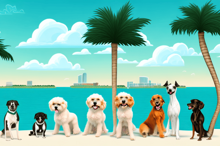 Several different breeds of dogs playing together in a sunny florida landscape