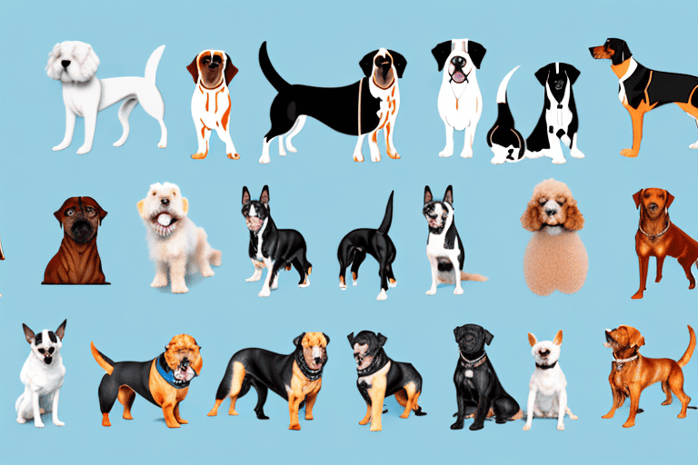 A variety of dog breeds standing on different styled