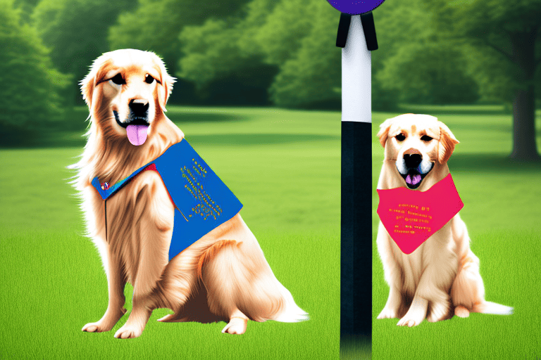 A golden retriever wearing a therapy dog vest