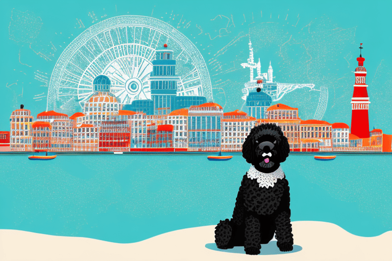 A portuguese water dog in a playful pose with a backdrop of various iconic portuguese landmarks