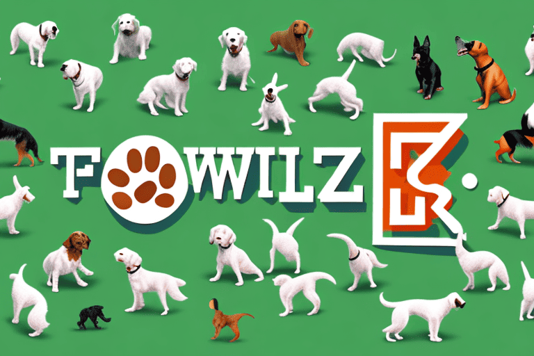 Various distinct dog breeds engaging in a playful game of word whizzle