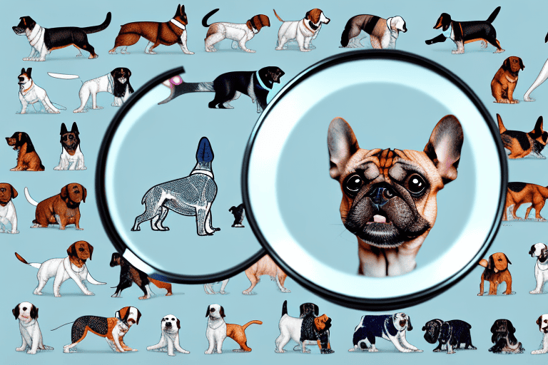 Various dog breeds around a large magnifying glass