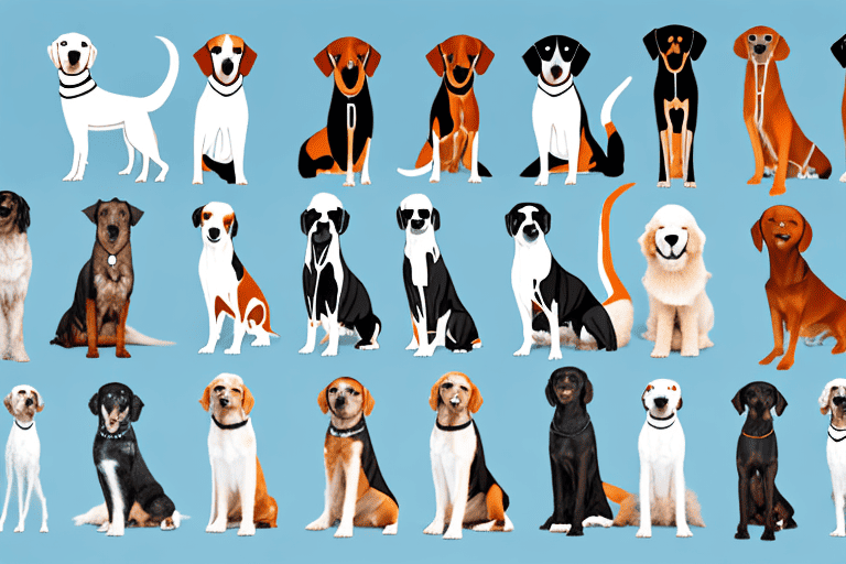 Several different long-legged dog breeds standing side by side