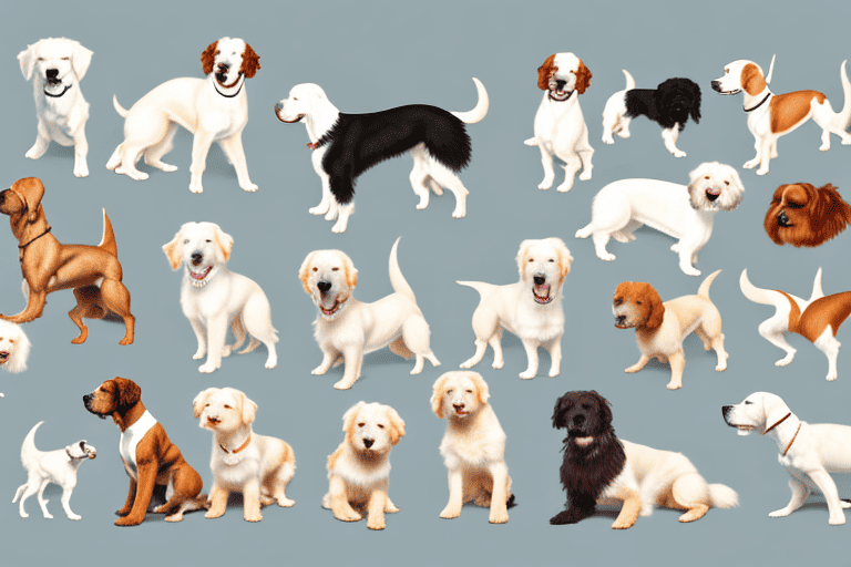 Several different breeds of cream-colored dogs in a variety of playful poses