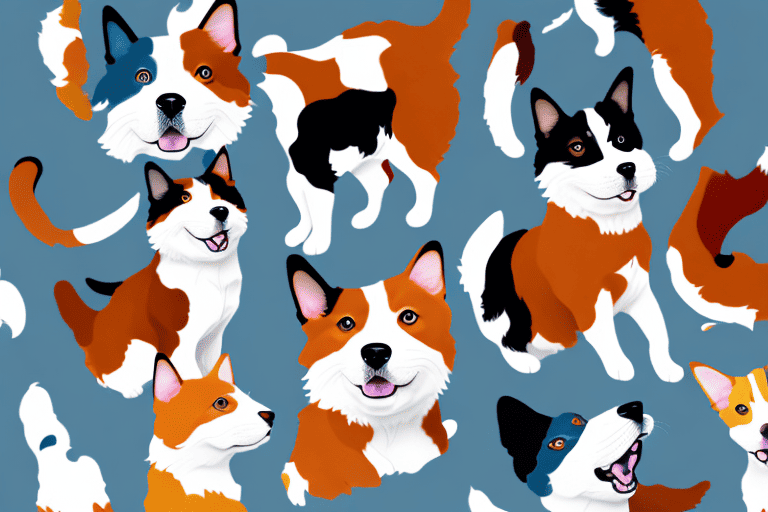 Several diverse calico dog breeds in various playful poses